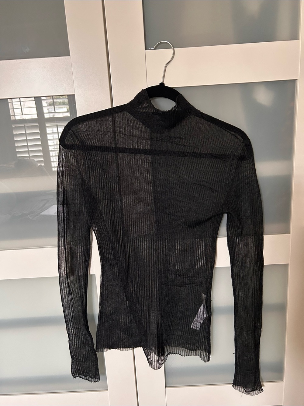 Sheer Black Ribbed Long Sleeve Mock Neck Top